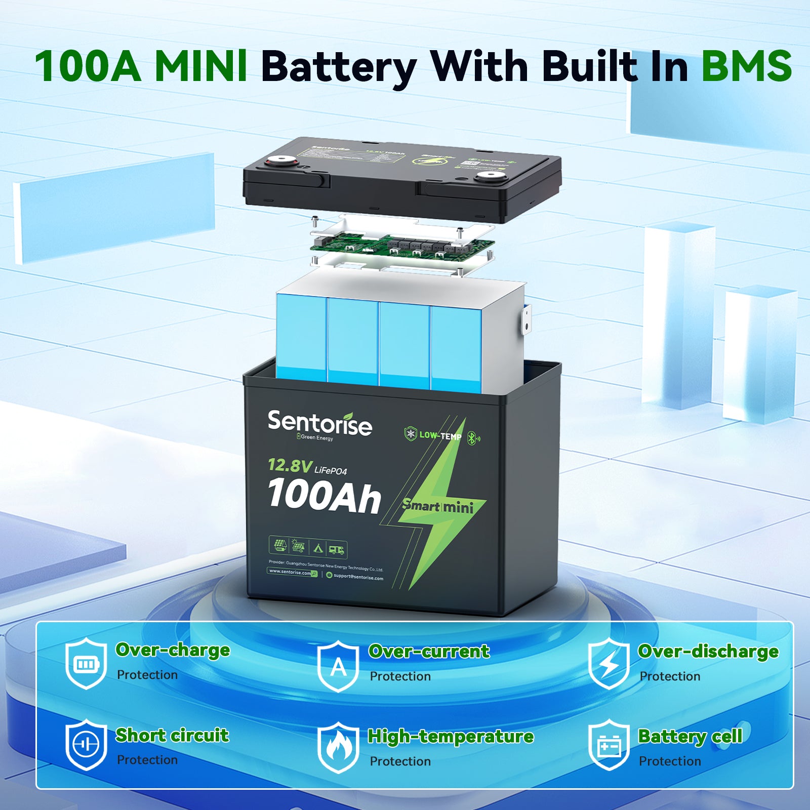 Sentorise 12V 100Ah SuperMini Bluetooth Small LiFePO4 Deep Cycle Battery