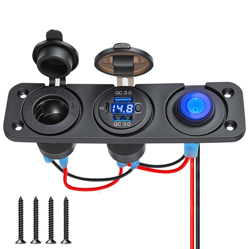 12V Power Socket Panel with USB-C and Voltage Display