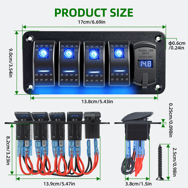 4 Gang 12V/24V Switch Panel with USB-C and Voltmeter