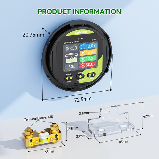 Sentorise 500A IP68 Batteriemonitor für 8–100V Systeme | Echtzeit-Überwachung von Spannung, Strom, Leistung und Kapazität