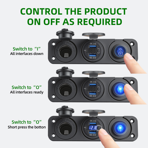 12V Power Socket Panel with USB-C & Voltage Display