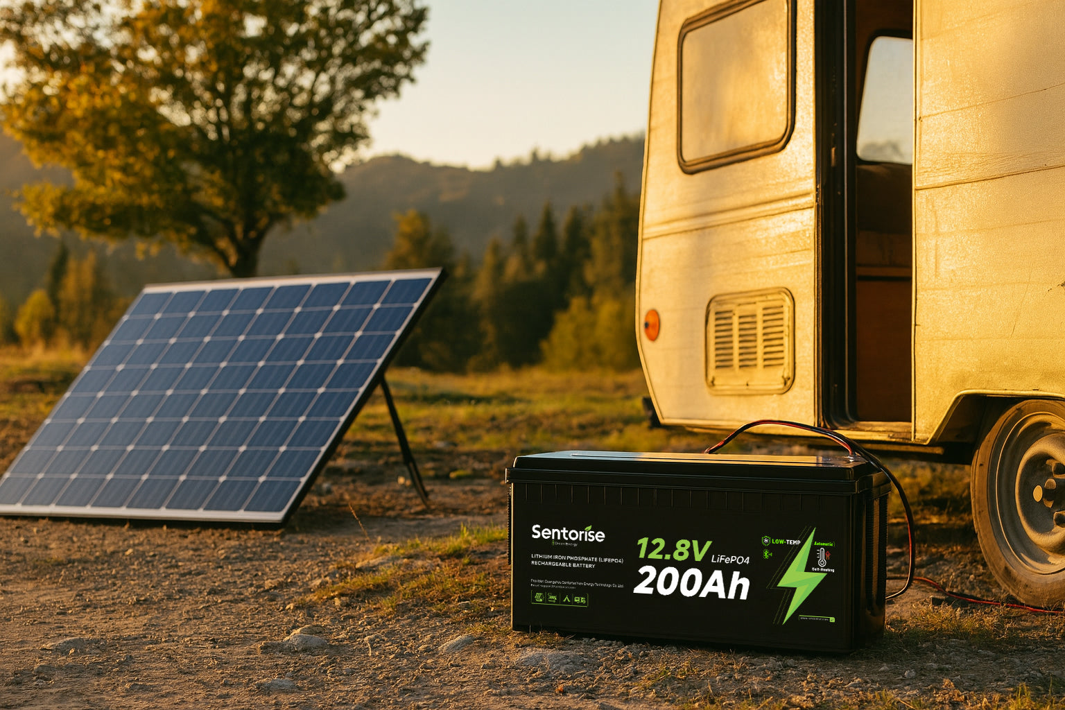 Illustrative Sentorise 200Ah self-heating battery beside a campervan and solar panel at sunset.