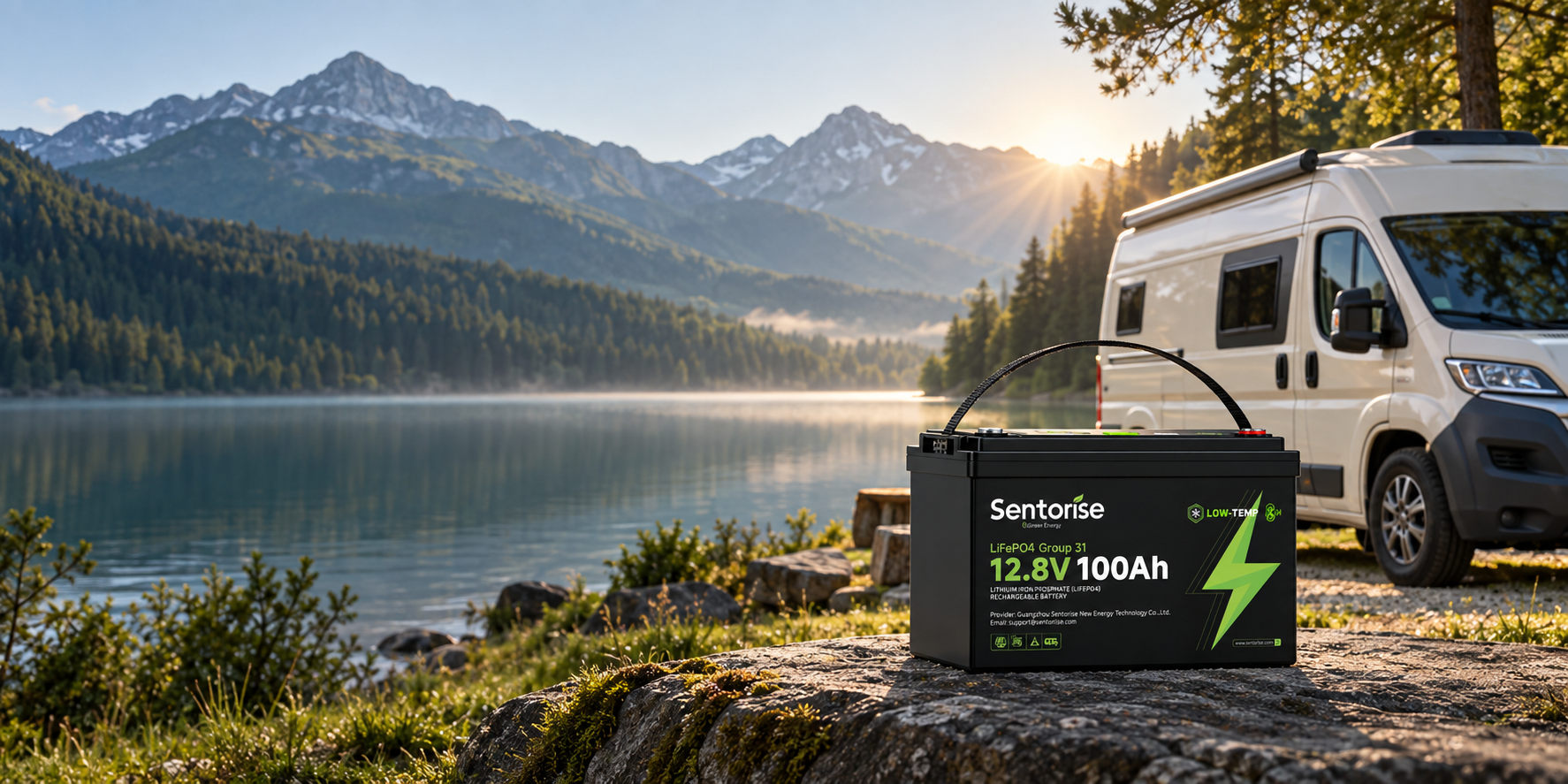 Illustrative Sentorise Group31 12.8V 100Ah battery display beside a campervan at an alpine lake.