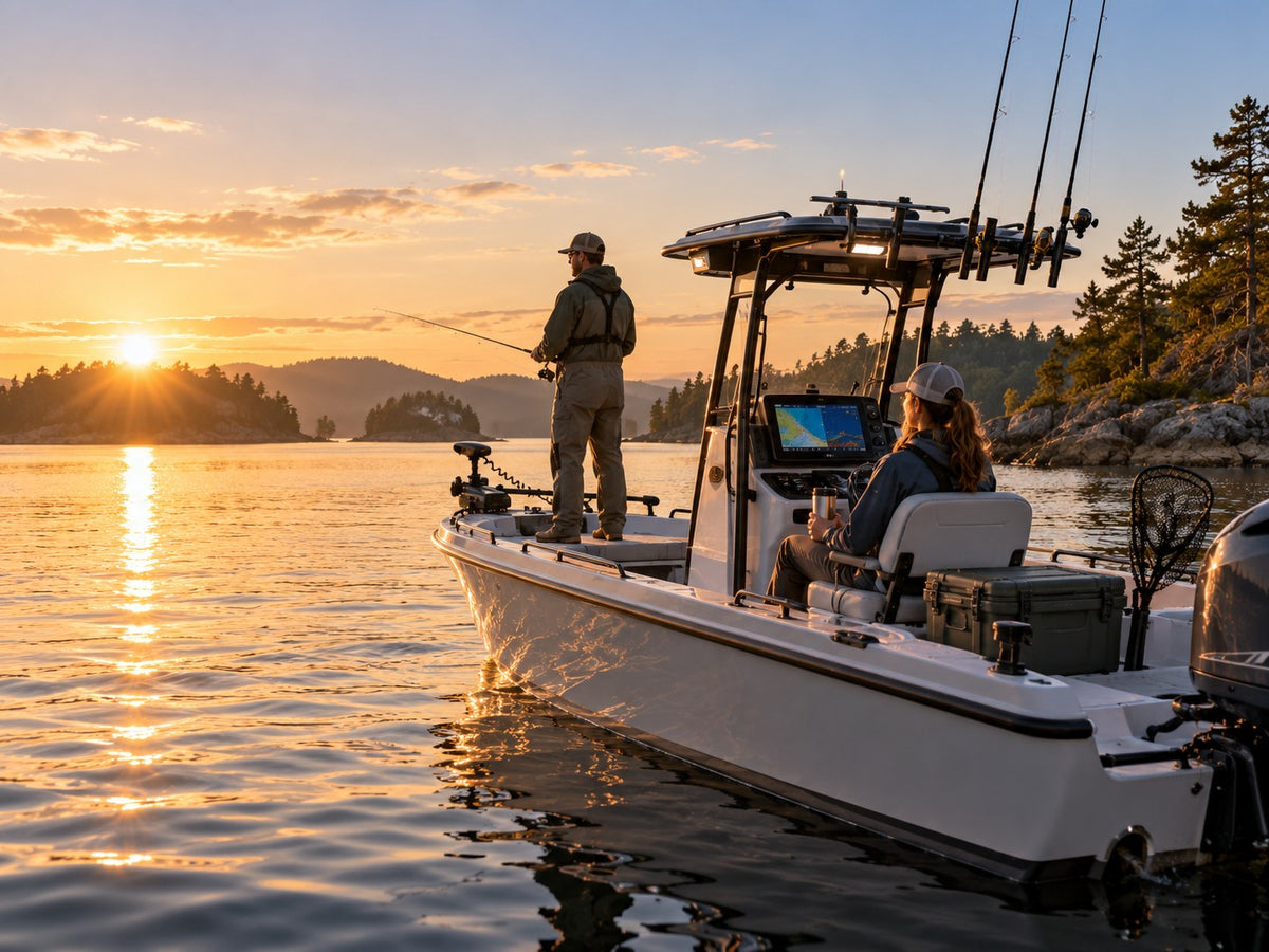 Illustrative recreational fishing boat with onboard electronics at sunrise. AI-generated lifestyle scene.