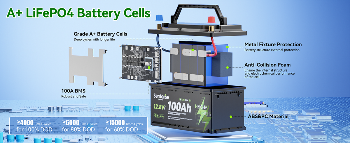 Sentorise 100Ah DIN battery cell construction and battery management system
