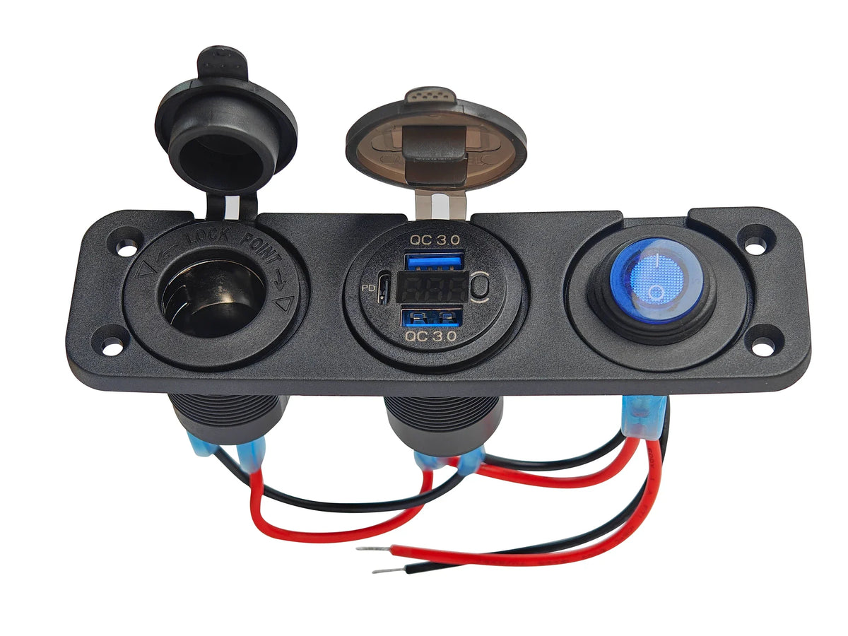 Sentorise 12V accessory socket panel with USB-C and voltage display