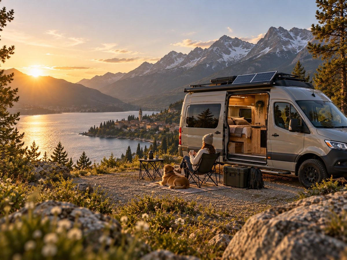 Illustrative campervan retreat beside a mountain lake at sunset. AI-generated lifestyle scene.