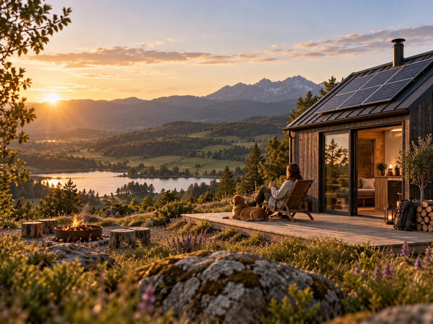 Illustrative solar-powered rural retreat overlooking countryside and water. AI-generated lifestyle scene.