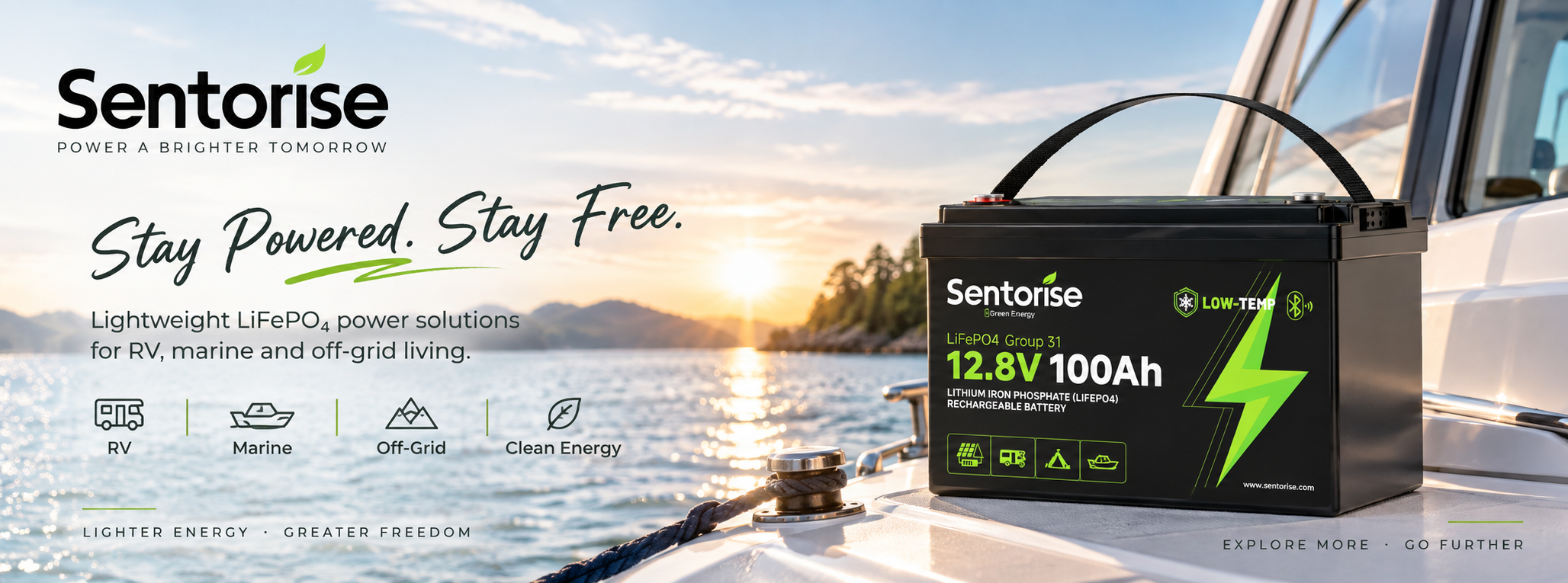 Sentorise Group 31 12.8V 100Ah battery beside a boat at sunset. Stay Powered. Stay Free. RV, marine and off-grid power.